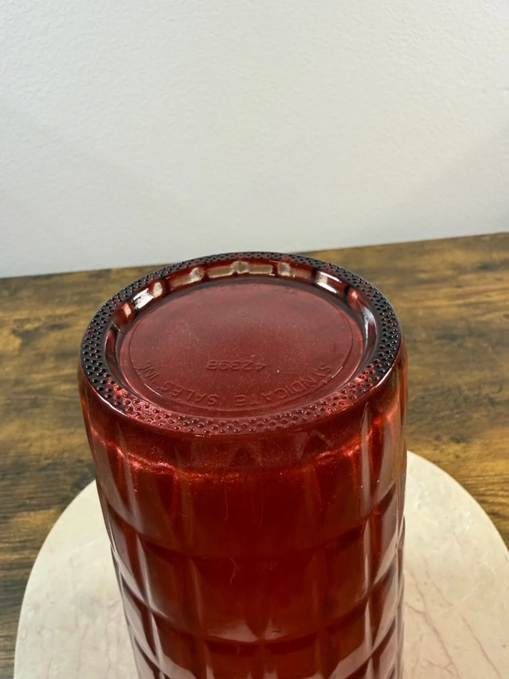 Red Textured Tempered Glass Tumbler Vase, 9” High, Made In USA, Very Heavy